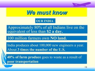 19
We must knowWe must know
Approximately 80% of all Indians live on the
equivalent of less than $2 a day.
OUR INDIA
100 million farmers own NO land.
India produces about 100,000 new engineers a year.
About 3 times the number of the U.S.
40% of farm produce goes to waste as a result of
poor transportation
 