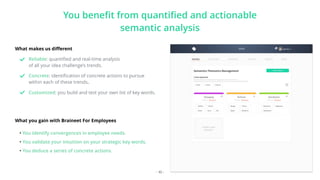 You beneﬁt from quantiﬁed and actionable
semantic analysis
What makes us diﬀerent
Reliable: quantiﬁed and real-time analysis
of all your idea challenge’s trends.
Concrete: identiﬁcation of concrete actions to pursue
within each of these trends.
Customized: you build and test your own list of key words.
What you gain with Braineet For Employees
• You identify convergences in employee needs.
• You validate your intuition on your strategic key words.
• You deduce a series of concrete actions.
- 10 -
 