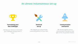 An almost instantaneous set-up
- 12 -
Formulating your
idea challenges
We help your divisions to formulate
your challenges and plan them in
time.
Technical
set-up
Communication
and launch
We activate together various
communication channels to shed
light on this very positive initiative.
We integrate your plug and play
customized platform on your sites.
 
