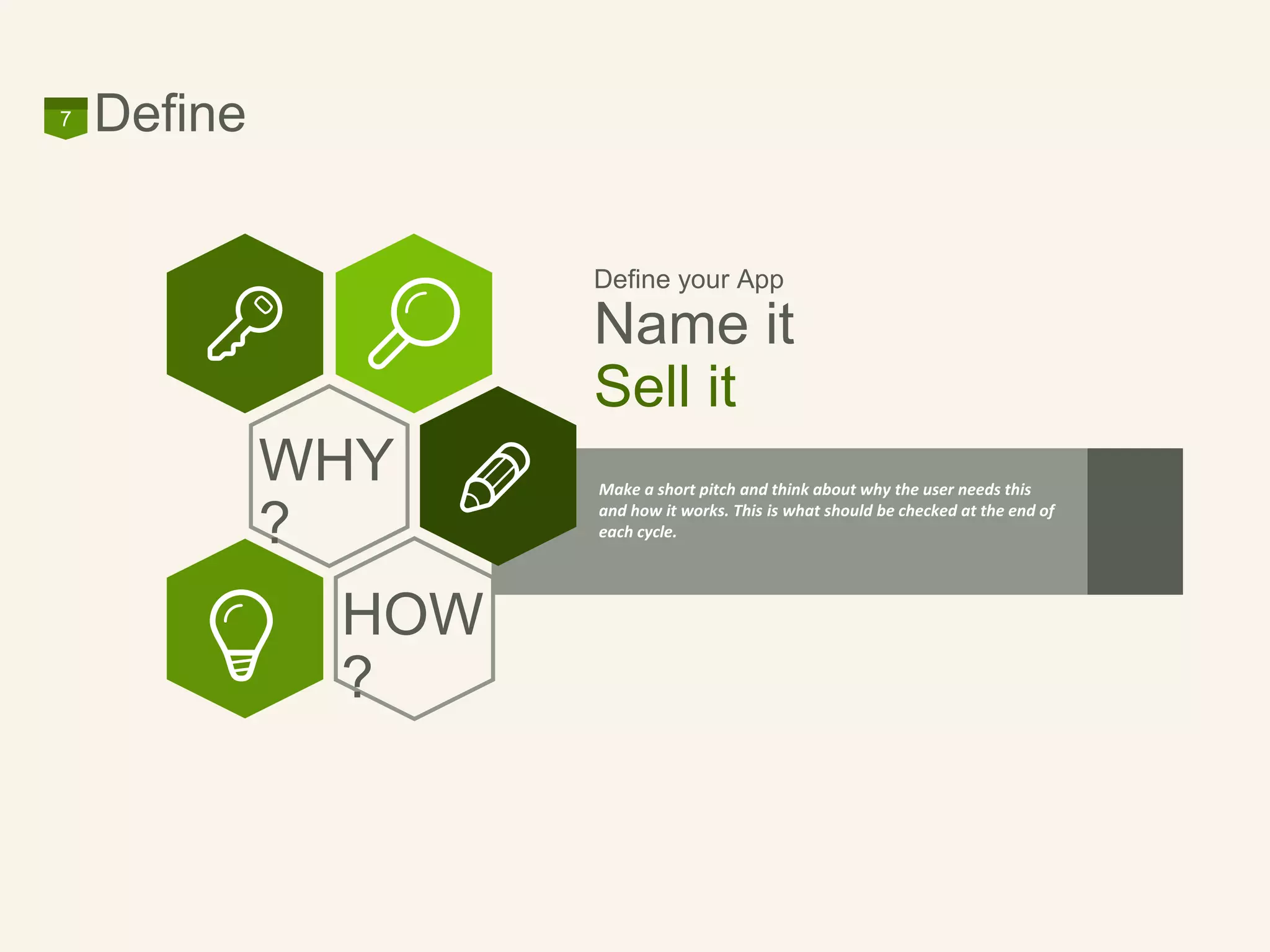 Define your App
Name it
Sell it
7
Make a short pitch and think about why the user needs this
and how it works. This is what should be checked at the end of
each cycle.
WHY
?
HOW
?
Define
 