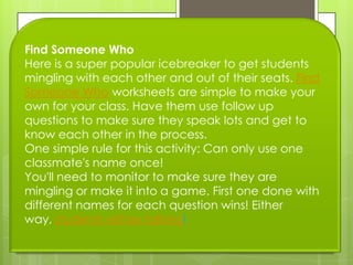 Find Someone Who
Here is a super popular icebreaker to get students
mingling with each other and out of their seats. Find
Someone Who worksheets are simple to make your
own for your class. Have them use follow up
questions to make sure they speak lots and get to
know each other in the process.
One simple rule for this activity: Can only use one
classmate's name once!
You'll need to monitor to make sure they are
mingling or make it into a game. First one done with
different names for each question wins! Either
way, students will be talking!
 