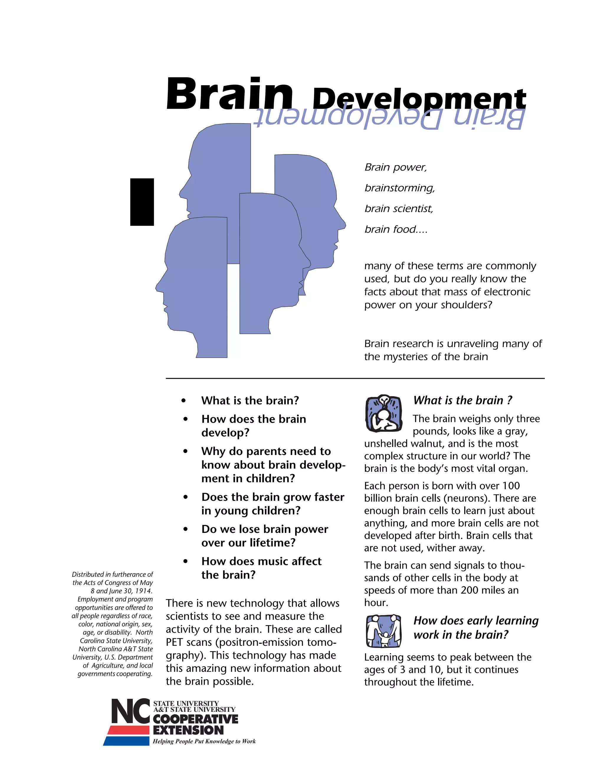 Brain                           Development

                                                    Brain Development

                                                                            Brain power,
                                                                            brainstorming,
                                                                            brain scientist,
                                                                            brain food....


                                                                            many of these terms are commonly
                                                                            used, but do you really know the
                                                                            facts about that mass of electronic
                                                                            power on your shoulders?


                                                                            Brain research is unraveling many of
                                                                            the mysteries of the brain



                                     •	   What is the brain?                           What is the brain ?
                                     •	 How does the brain                              The brain weighs only three
                                        develop?                                        pounds, looks like a gray,
                                                                            unshelled walnut, and is the most
                                     •	 Why do parents need to              complex structure in our world? The
                                        know about brain develop-           brain is the body’s most vital organ.
                                        ment in children?
                                                                            Each person is born with over 100
                                     •	 Does the brain grow faster          billion brain cells (neurons). There are
                                        in young children?	                 enough brain cells to learn just about
                                                                            anything, and more brain cells are not
                                     •	 Do we lose brain power
                                                                            developed after birth. Brain cells that
                                        over our lifetime?                  are not used, wither away.
                                     •    How does music affect             The brain can send signals to thou-
Distributed in furtherance of             the brain?                        sands of other cells in the body at
the Acts of Congress of May
        8 and June 30, 1914.                                                speeds of more than 200 miles an
  Employment and program
 opportunities are offered to     There is new technology that allows       hour.
all people regardless of race,    scientists to see and measure the                    How does early learning
   color, national origin, sex,
     age, or disability. North    activity of the brain. These are called
                                                                                       work in the brain?
    Carolina State University,    PET scans (positron-emission tomo-
   North Carolina A&T State
University, U.S. Department       graphy). This technology has made         Learning seems to peak between the
     of Agriculture, and local
  governments cooperating.
                                  this amazing new information about        ages of 3 and 10, but it continues
                                  the brain possible.	                      throughout the lifetime.
 