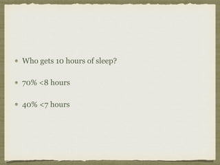 Who gets 10 hours of sleep?
70% <8 hours
40% <7 hours
 