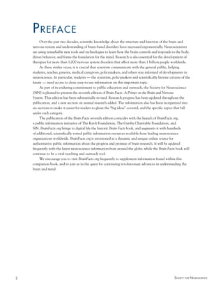2 Society for NeuroScieNce
Preface
Over the past two decades, scientific knowledge about the structure and function of the brain and
nervous system and understanding of brain-based disorders have increased exponentially. Neuroscientists
are using remarkable new tools and technologies to learn how the brain controls and responds to the body,
drives behavior, and forms the foundation for the mind. Research is also essential for the development of
therapies for more than 1,000 nervous system disorders that affect more than 1 billion people worldwide.
As these strides occur, it is crucial that scientists communicate with the general public, helping
students, teacher, parents, medical caregivers, policymakers, and others stay informed of developments in
neuroscience. In particular, students — the scientists, policymakers and scientifically literate citizens of the
future — need access to clear, easy-to-use information on this important topic.
As part of its enduring commitment to public education and outreach, the Society for Neuroscience
(SfN) is pleased to present the seventh edition of Brain Facts: A Primer on the Brain and Nervous
System. This edition has been substantially revised. Research progress has been updated throughout the
publication, and a new section on animal research added. The information also has been reorganized into
six sections to make it easier for readers to glean the “big ideas” covered, and the specific topics that fall
under each category.
The publication of the Brain Facts seventh edition coincides with the launch of BrainFacts.org,
a public information initiative of The Kavli Foundation, The Gatsby Charitable Foundation, and
SfN. BrainFacts.org brings to digital life the historic Brain Facts book, and augments it with hundreds
of additional, scientifically vetted public information resources available from leading neuroscience
organizations worldwide. BrainFacts.org is envisioned as a dynamic and unique online source for
authoritative public information about the progress and promise of brain research. It will be updated
frequently with the latest neuroscience information from around the globe, while the Brain Facts book will
continue to be a vital teaching and outreach tool.
We encourage you to visit BrainFacts.org frequently to supplement information found within this
companion book, and to join us in the quest for continuing revolutionary advances in understanding the
brain and mind.
 