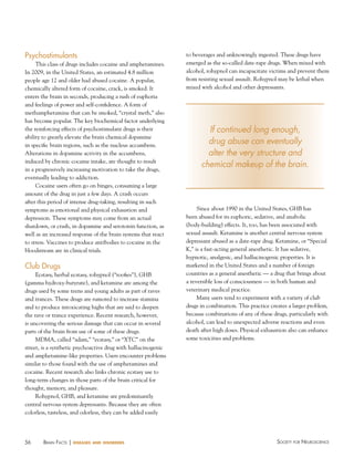 Psychostimulants
This class of drugs includes cocaine and amphetamines.
In 2009, in the United States, an estimated 4.8 million
people age 12 and older had abused cocaine. A popular,
chemically altered form of cocaine, crack, is smoked. It
enters the brain in seconds, producing a rush of euphoria
and feelings of power and self-confidence. A form of
methamphetamine that can be smoked, “crystal meth,” also
has become popular. The key biochemical factor underlying
the reinforcing effects of psychostimulant drugs is their
ability to greatly elevate the brain chemical dopamine
in specific brain regions, such as the nucleus accumbens.
Alterations in dopamine activity in the accumbens,
induced by chronic cocaine intake, are thought to result
in a progressively increasing motivation to take the drugs,
eventually leading to addiction.
Cocaine users often go on binges, consuming a large
amount of the drug in just a few days. A crash occurs
after this period of intense drug-taking, resulting in such
symptoms as emotional and physical exhaustion and
depression. These symptoms may come from an actual
shutdown, or crash, in dopamine and serotonin function, as
well as an increased response of the brain systems that react
to stress. Vaccines to produce antibodies to cocaine in the
bloodstream are in clinical trials.

Club Drugs
Ecstasy, herbal ecstasy, rohypnol (“roofies”), GHB
(gamma hydroxy-butyrate), and ketamine are among the
drugs used by some teens and young adults as part of raves
and trances. These drugs are rumored to increase stamina
and to produce intoxicating highs that are said to deepen
the rave or trance experience. Recent research, however,
is uncovering the serious damage that can occur in several
parts of the brain from use of some of these drugs.
MDMA, called “adam,” “ecstasy,” or “XTC” on the
street, is a synthetic psychoactive drug with hallucinogenic
and amphetamine-like properties. Users encounter problems
similar to those found with the use of amphetamines and
cocaine. Recent research also links chronic ecstasy use to
long-term changes in those parts of the brain critical for
thought, memory, and pleasure.
Rohypnol, GHB, and ketamine are predominantly
central nervous system depressants. Because they are often
colorless, tasteless, and odorless, they can be added easily

56

BraiN factS | diseases

and disorders

to beverages and unknowingly ingested. These drugs have
emerged as the so-called date-rape drugs. When mixed with
alcohol, rohypnol can incapacitate victims and prevent them
from resisting sexual assault. Rohypnol may be lethal when
mixed with alcohol and other depressants.

If continued long enough,
drug abuse can eventually
alter the very structure and
chemical makeup of the brain.

Since about 1990 in the United States, GHB has
been abused for its euphoric, sedative, and anabolic
(body-building) effects. It, too, has been associated with
sexual assault. Ketamine is another central nervous system
depressant abused as a date-rape drug. Ketamine, or “Special
K,” is a fast-acting general anesthetic. It has sedative,
hypnotic, analgesic, and hallucinogenic properties. It is
marketed in the United States and a number of foreign
countries as a general anesthetic — a drug that brings about
a reversible loss of consciousness — in both human and
veterinary medical practice.
Many users tend to experiment with a variety of club
drugs in combination. This practice creates a larger problem,
because combinations of any of these drugs, particularly with
alcohol, can lead to unexpected adverse reactions and even
death after high doses. Physical exhaustion also can enhance
some toxicities and problems.

Society for NeuroScieNce

 