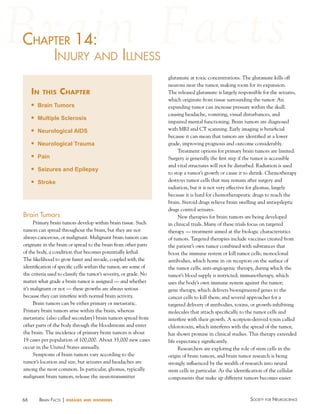 chaPter 14:
haPter
iNjury aNd illNeSS
in

this

chapter

n

Brain Tumors

n

Multiple Sclerosis

n

Neurological AIDS

n

Neurological Trauma

n

Pain

n

Seizures and Epilepsy

n

Stroke

Brain Tumors
Primary brain tumors develop within brain tissue. Such
tumors can spread throughout the brain, but they are not
always cancerous, or malignant. Malignant brain tumors can
originate in the brain or spread to the brain from other parts
of the body, a condition that becomes potentially lethal.
The likelihood to grow faster and invade, coupled with the
identification of specific cells within the tumor, are some of
the criteria used to classify the tumor’s severity, or grade. No
matter what grade a brain tumor is assigned — and whether
it’s malignant or not — these growths are always serious
because they can interfere with normal brain activity.
Brain tumors can be either primary or metastatic.
Primary brain tumors arise within the brain, whereas
metastatic (also called secondary) brain tumors spread from
other parts of the body through the bloodstream and enter
the brain. The incidence of primary brain tumors is about
19 cases per population of 100,000. About 35,000 new cases
occur in the United States annually.
Symptoms of brain tumors vary according to the
tumor’s location and size, but seizures and headaches are
among the most common. In particular, gliomas, typically
malignant brain tumors, release the neurotransmitter

66

BraiN factS | diseases

and disorders

glutamate at toxic concentrations. The glutamate kills off
neurons near the tumor, making room for its expansion.
The released glutamate is largely responsible for the seizures,
which originate from tissue surrounding the tumor. An
expanding tumor can increase pressure within the skull,
causing headache, vomiting, visual disturbances, and
impaired mental functioning. Brain tumors are diagnosed
with MRI and CT scanning. Early imaging is beneficial
because it can mean that tumors are identified at a lower
grade, improving prognosis and outcome considerably.
Treatment options for primary brain tumors are limited.
Surgery is generally the first step if the tumor is accessible
and vital structures will not be disturbed. Radiation is used
to stop a tumor’s growth or cause it to shrink. Chemotherapy
destroys tumor cells that may remain after surgery and
radiation, but it is not very effective for gliomas, largely
because it is hard for chemotherapeutic drugs to reach the
brain. Steroid drugs relieve brain swelling and antiepileptic
drugs control seizures.
New therapies for brain tumors are being developed
in clinical trials. Many of these trials focus on targeted
therapy — treatment aimed at the biologic characteristics
of tumors. Targeted therapies include vaccines created from
the patient’s own tumor combined with substances that
boost the immune system or kill tumor cells; monoclonal
antibodies, which home in on receptors on the surface of
the tumor cells; anti-angiogenic therapy, during which the
tumor’s blood supply is restricted; immunotherapy, which
uses the body’s own immune system against the tumor;
gene therapy, which delivers bioengineered genes to the
cancer cells to kill them; and several approaches for a
targeted delivery of antibodies, toxins, or growth-inhibiting
molecules that attach specifically to the tumor cells and
interfere with their growth. A scorpion-derived toxin called
chlorotoxin, which interferes with the spread of the tumor,
has shown promise in clinical studies. This therapy extended
life expectancy significantly.
Researchers are exploring the role of stem cells in the
origin of brain tumors, and brain tumor research is being
strongly influenced by the wealth of research into neural
stem cells in particular. As the identification of the cellular
components that make up different tumors becomes easier

Society for NeuroScieNce

 