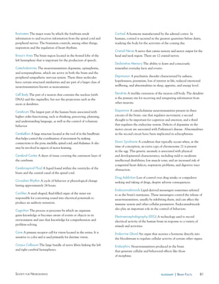 Brainstem The major route by which the forebrain sends
information to and receives information from the spinal cord and
peripheral nerves. The brainstem controls, among other things,
respiration and the regulation of heart rhythms.
Broca’s Area The brain region located in the frontal lobe of the
left hemisphere that is important for the production of speech.
Catecholamines The neurotransmitters dopamine, epinephrine,
and norepinephrine, which are active in both the brain and the
peripheral sympathetic nervous system. These three molecules
have certain structural similarities and are part of a larger class of
neurotransmitters known as monoamines.

Cortisol A hormone manufactured by the adrenal cortex. In
humans, cortisol is secreted in the greatest quantities before dawn,
readying the body for the activities of the coming day.
Cranial Nerve A nerve that carries sensory and motor output for the
head and neck region. There are 12 cranial nerves.
Declarative Memory The ability to learn and consciously
remember everyday facts and events.
Depression A psychiatric disorder characterized by sadness,
hopelessness, pessimism, loss of interest in life, reduced emotional
wellbeing, and abnormalities in sleep, appetite, and energy level.

Cell Body The part of a neuron that contains the nucleus (with
DNA) and the organelles, but not the projections such as the
axon or dendrites.

Dendrite A treelike extension of the neuron cell body. The dendrite
is the primary site for receiving and integrating information from
other neurons.

Cerebrum The largest part of the human brain associated with
higher order functioning, such as thinking, perceiving, planning,
and understanding language, as well as the control of voluntary
behavior.

Dopamine A catecholamine neurotransmitter present in three
circuits of the brain: one that regulates movement; a second
thought to be important for cognition and emotion; and a third
that regulates the endocrine system. Deficits of dopamine in the
motor circuit are associated with Parkinson’s disease. Abnormalities
in the second circuit have been implicated in schizophrenia.

Cerebellum A large structure located at the roof of in the hindbrain
that helps control the coordination of movement by making
connections to the pons, medulla, spinal cord, and thalamus. It also
may be involved in aspects of motor learning.
Cerebral Cortex A sheet of tissue covering the outermost layer of
the cerebrum.
Cerebrospinal Fluid A liquid found within the ventricles of the
brain and the central canal of the spinal cord.
Circadian Rhythm A cycle of behavior or physiological change
lasting approximately 24 hours.
Cochlea A snail-shaped, fluid-filled organ of the inner ear
responsible for converting sound into electrical potentials to
produce an auditory sensation.
Cognition The process or processes by which an organism
gains knowledge or becomes aware of events or objects in its
environment and uses that knowledge for comprehension and
problem-solving.

Down Syndrome A condition that typically occurs when, at the
time of conception, an extra copy of chromosome 21 is present
in the egg. This genetic anomaly is associated with physical
and developmental characteristics, including mild to moderate
intellectual disabilities; low muscle tone; and an increased risk of
congenital heart defects, respiratory problems, and digestive tract
obstruction.
Drug Addiction Loss of control over drug intake or compulsive
seeking and taking of drugs, despite adverse consequences.
endocannabinoids Lipid-derived messengers sometimes referred
to as the brain’s marijuana. These messengers control the release of
neurotransmitters, usually by inhibiting them, and can affect the
immune system and other cellular parameters. Endocannabinoids
also play an important role in the control of behaviors.
electroencephalography (eeG) A technology used to record
electrical activity of the human brain in response to a variety of
stimuli and activities.

Cone A primary receptor cell for vision located in the retina. It is
sensitive to color and is used primarily for daytime vision.

endocrine Gland An organ that secretes a hormone directly into
the bloodstream to regulate cellular activity of certain other organs.

Corpus Callosum The large bundle of nerve fibers linking the left
and right cerebral hemispheres.

endorphins Neurotransmitters produced in the brain
that generate cellular and behavioral effects like those
of morphine.

Society for NeuroScieNce

glossary

| BraiN factS

81

 
