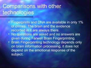 Comparisons with other
technologies
  • Fingerprints and DNA are available in only 1%
    of crimes. The brain and the evidence
    recorded in it are always there.
  • No questions are asked and no answers are
    given during Farwell Brain Fingerprinting.
  • Brain Fingerprinting technology depends only
    on brain information processing, it does not
    depend on the emotional response of the
    subject.
 