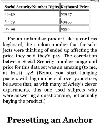 Social Security Number Digits Keyboard Price
40–59 $29.27
60–79 $34.55
80–99 $55.64
For an unfamiliar product like a cordless
keyboard, the random number that the sub-
jects were thinking of ended up affecting the
price they said they’d pay. The correlation
between Social Security number range and
price for this data set was an amazing (to me,
at least) .52! (Before you start hanging
posters with big numbers all over your store,
be aware that, as with many of Ariely’s clever
experiments, this one used subjects who
were answering a questionnaire, not actually
buying the product.)
Presetting an Anchor
100/743
 