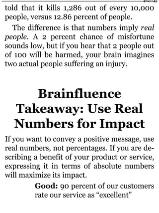 told that it kills 1,286 out of every 10,000
people, versus 12.86 percent of people.
The difference is that numbers imply real
people. A 2 percent chance of misfortune
sounds low, but if you hear that 2 people out
of 100 will be harmed, your brain imagines
two actual people suffering an injury.
Brainfluence
Takeaway: Use Real
Numbers for Impact
If you want to convey a positive message, use
real numbers, not percentages. If you are de-
scribing a benefit of your product or service,
expressing it in terms of absolute numbers
will maximize its impact.
Good: 90 percent of our customers
rate our service as “excellent”
462/743
 