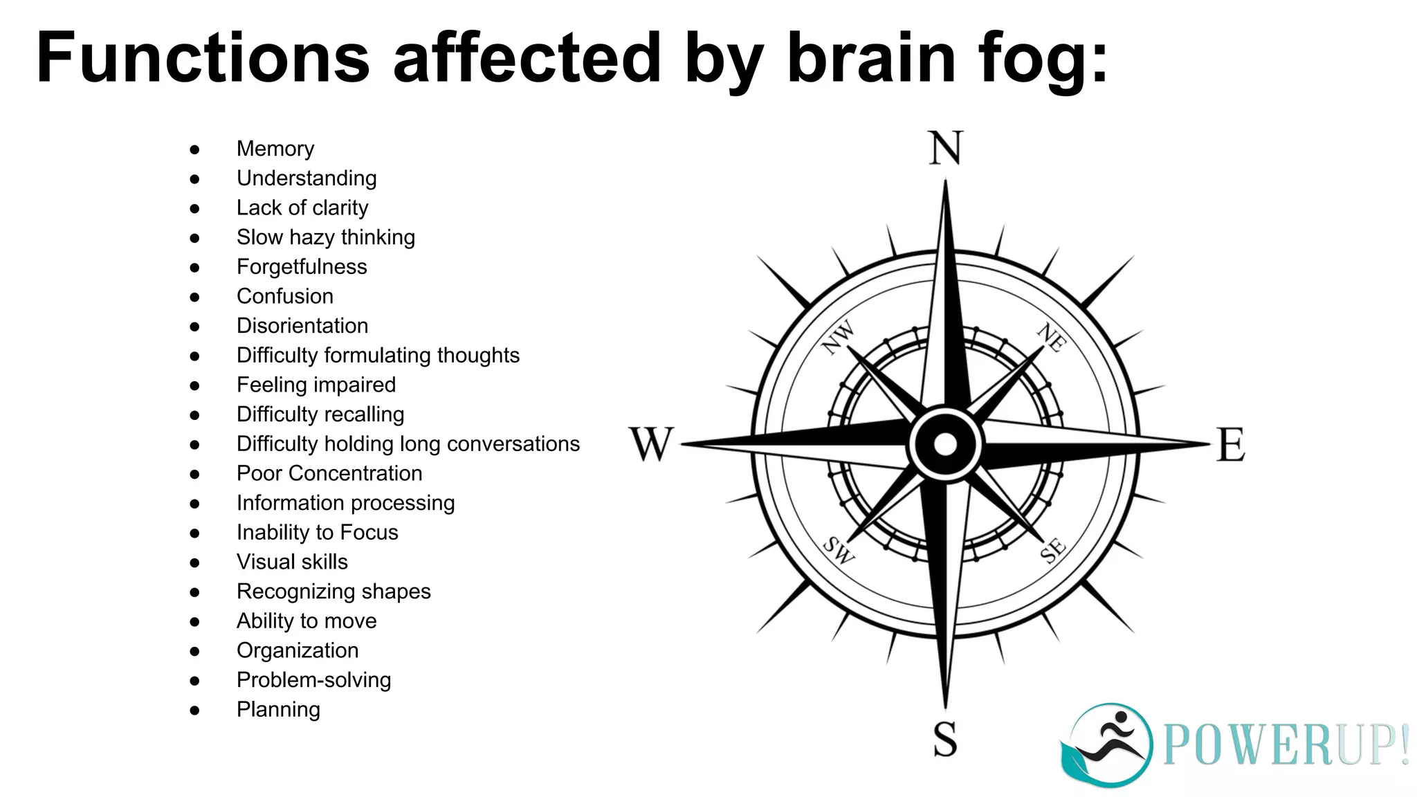 Functions affected by brain fog:
● Memory
● Understanding
● Lack of clarity
● Slow hazy thinking
● Forgetfulness
● Confusion
● Disorientation
● Difficulty formulating thoughts
● Feeling impaired
● Difficulty recalling
● Difficulty holding long conversations
● Poor Concentration
● Information processing
● Inability to Focus
● Visual skills
● Recognizing shapes
● Ability to move
● Organization
● Problem-solving
● Planning
 