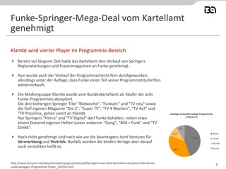  Bereits vor längerer Zeit hatte das Kartellamt den Verkauf von Springers
Regionalzeitungen und Frauenmagazinen an Funke genehmigt.
 Nun wurde auch der Verkauf der Programmzeitschriften durchgewunken,
allerdings unter der Auflage, dass Funke einen Teil seiner Programmzeitschriften
weiterverkauft.
 Die Mediengruppe Klambt wurde vom Bundeskartellamt als Käufer der acht
Funke-Programmies akzeptiert.
Die drei bisherigen Springer-Titel "Bildwoche", "Funkuhr" und "TV neu" sowie
die fünf eigenen Magazine "Die 2", "Super TV", "TV 4 Wochen", "TV 4x7" und
"TV Piccolino„ gehen somit an Klambt.
Nur Springers "Hörzu" und "TV Digital" darf Funke behalten, neben etwa
einem Dutzend eigenen Heften (unter anderem "Gong", "Bild + Funk" und "TV
Direkt".
 Noch nicht genehmigt sind nach wie vor die beantragten Joint Ventures für
Vermarktung und Vertrieb. Notfalls würden die beiden Verlage aber darauf
auch verzichten heißt es.
Klambt wird vierter Player im Programmie-Bereich
http://www.horizont.net/aktuell/medien/pages/protected/SpringerFunke-Deal-Kartellamt-akzeptiert-Klambt-als-
unabhaengigen-Programmie-Player_120318.html
Funke-Springer-Mega-Deal vom Kartellamt
genehmigt
3
44,4
36,3
10,2
9,1
anteilige verkaufte Auflage Programmies
1/2014 in %
Bauer
Funke
Klambt
Burda
 