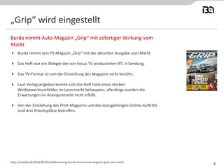 „Grip“ wird eingestellt
 Burda nimmt sein PS-Magazin „Grip“ mit der aktuellen Ausgabe vom Markt.
 Das Heft war ein Ableger der von Focus TV produzierten RTL II-Sendung.
 Das TV-Format ist von der Einstellung des Magazins nicht berührt.
 Laut Verlagsangeben konnte sich das Heft trotz eines starken
Wettbewerbsumfeldes im Lesermarkt behaupten, allerdings wurden die
Erwartungen im Anzeigenmarkt nicht erfüllt.
 Von der Einstellung des Print-Magazins und des dazugehörigen Online-Auftritts
sind drei Arbeitsplätze betroffen.
Burda nimmt Auto-Magazin „Grip“ mit sofortiger Wirkung vom
Markt
http://meedia.de/2014/05/05/vollbremsung-burda-nimmt-auto-magazin-grip-vom-markt
8
 