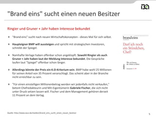 "Brand eins" sucht einen neuen Besitzer 
"Brand eins" sucht nach neuen Wirtschaftskonzepten - dieses Mal für sich selbst. 
Haupteigner BMP will aussteigen und spricht mit strategischen Investoren, schreibt der Spiegel. 
Namhafte Verlage haben offenbar schon angeklopft. Sowohl Ringier als auch Gruner + Jahr haben laut der Meldung Interesse bekundet. Die Gespräche laufen laut "Spiegel" offenbar schon länger. 
Allerdings könnte der Preis ein K.O-Kriterium sein. BMP habe wohl 25 Millionen für seinen Anteil von 35 Prozent veranschlagt. Das scheint aber in der Branche nicht erreichbar zu sein. 
"Für einen einstelligen Millionenbetrag werden wir jedenfalls nicht verkaufen," betont Chefredakteurin und Mit-Eigentümerin Gabriele Fischer, die sich nicht unter Druck setzen lassen will. Fischer und dem Management gehören derzeit 11 Prozent an dem Verlag. 
Ringier und Gruner + Jahr haben Interesse bekundet 
Quelle: http://www.wuv.de/medien/brand_eins_sucht_einen_neuen_besitzer 
5  