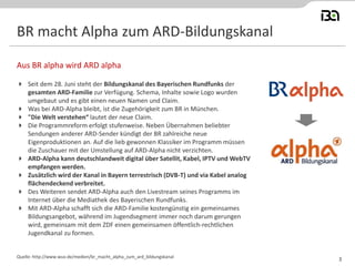 BR macht Alpha zum ARD-Bildungskanal
 Seit dem 28. Juni steht der Bildungskanal des Bayerischen Rundfunks der
gesamten ARD-Familie zur Verfügung. Schema, Inhalte sowie Logo wurden
umgebaut und es gibt einen neuen Namen und Claim.
 Was bei ARD-Alpha bleibt, ist die Zugehörigkeit zum BR in München.
 "Die Welt verstehen“ lautet der neue Claim.
 Die Programmreform erfolgt stufenweise. Neben Übernahmen beliebter
Sendungen anderer ARD-Sender kündigt der BR zahlreiche neue
Eigenproduktionen an. Auf die lieb gewonnen Klassiker im Programm müssen
die Zuschauer mit der Umstellung auf ARD-Alpha nicht verzichten.
 ARD-Alpha kann deutschlandweit digital über Satellit, Kabel, IPTV und WebTV
empfangen werden.
 Zusätzlich wird der Kanal in Bayern terrestrisch (DVB-T) und via Kabel analog
flächendeckend verbreitet.
 Des Weiteren sendet ARD-Alpha auch den Livestream seines Programms im
Internet über die Mediathek des Bayerischen Rundfunks.
 Mit ARD-Alpha schafft sich die ARD-Familie kostengünstig ein gemeinsames
Bildungsangebot, während im Jugendsegment immer noch darum gerungen
wird, gemeinsam mit dem ZDF einen gemeinsamen öffentlich-rechtlichen
Jugendkanal zu formen.
Aus BR alpha wird ARD alpha
Quelle: http://www.wuv.de/medien/br_macht_alpha_zum_ard_bildungskanal
3
 