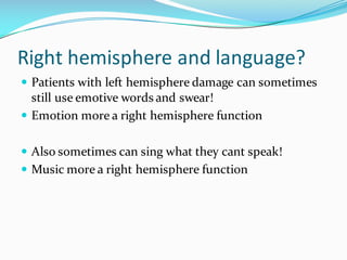 Right	hemisphere	and	language?
— Patients with left hemisphere damage can sometimes
still use emotive words and swear!
— Emotion more a right hemisphere function
— Also sometimes can sing what they cant speak!
— Music more a right hemisphere function
 