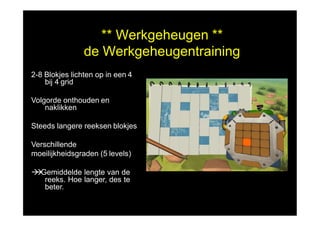 ** Werkgeheugen **
de Werkgeheugentraining
2-8 Blokjes lichten op in een 4
bij 4 grid
Volgorde onthouden en
naklikken
Steeds langere reeksen blokjes
Verschillende
moeilijkheidsgraden (5 levels)
Gemiddelde lengte van de
reeks. Hoe langer, des te
beter.
 