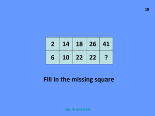 18 6 14 2 18 26 41 22 ? 22 10 Fill in the missing square Go to answers 
