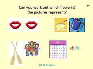38 Can you work out which flower(s) the pictures represent? a b ? d Go to answers 