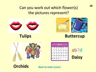 38 Can you work out which flower(s) the pictures represent? a b ? d Tulips Buttercup Orchids Daisy Back to main screen 
