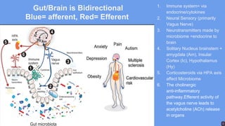 Gut/Brain is Bidirectional
Blue= afferent, Red= Efferent
1. Immune system= via
endocrine/cytokines
2. Neural Sensory (primarily
Vagus Nerve)
3. Neurotransmitters made by
microbiome =endocrine to
brain
4. Solitary Nucleus brainstem +
amygdala (Am), Insular
Cortex (Ic), Hypothalamus
(Hy)
5. Corticosteroids via HPA axis
affect Microbiome
6. The cholinergic
anti-inflammatory
pathway.Efferent activity of
the vagus nerve leads to
acetylcholine (ACh) release
in organs
 