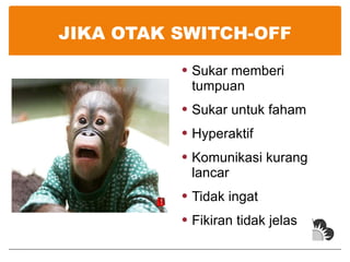 JIKA OTAK SWITCH-OFF Sukar memberi tumpuan Sukar untuk faham Hyperaktif Komunikasi kurang lancar Tidak ingat Fikiran tidak jelas 