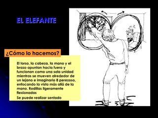  El torso, la cabeza, la mano y el
brazo apuntan hacia fuera y
funcionan como una sola unidad
mientras se mueven alrededor de
un lejano e imaginario 8 perezoso,
enfocando la vista más allá de la
mano. Rodillas ligeramente
flexionadas
 Se puede realizar sentado
¿Cómo lo hacemos?
EL ELEFANTE
 