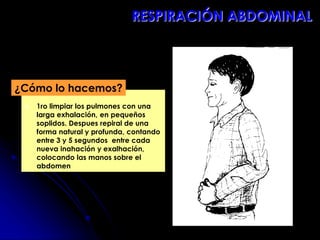  1ro limpiar los pulmones con una
larga exhalación, en pequeños
soplidos. Despues repiral de una
forma natural y profunda, contando
entre 3 y 5 segundos entre cada
nueva inahación y exalhación,
colocando las manos sobre el
abdomen
¿Cómo lo hacemos?
RESPIRACIÓN ABDOMINAL
 