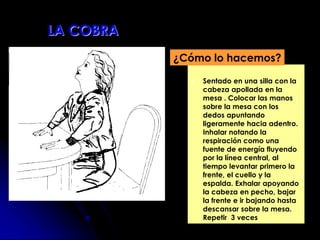  Sentado en una silla con la
cabeza apollada en la
mesa . Colocar las manos
sobre la mesa con los
dedos apuntando
ligeramente hacia adentro.
Inhalar notando la
respiración como una
fuente de energía fluyendo
por la línea central, al
tiempo levantar primero la
frente, el cuello y la
espalda. Exhalar apoyando
la cabeza en pecho, bajar
la frente e ir bajando hasta
descansar sobre la mesa.
Repetir 3 veces
¿Cómo lo hacemos?
LA COBRA
 