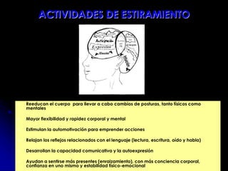 ACTIVIDADES DE ESTIRAMIENTO
 Reeducan el cuerpo para llevar a cabo cambios de posturas, tanto físicos como
mentales
 Mayor flexibilidad y rapidez corporal y mental
 Estimulan la automotivación para emprender acciones
 Relajan los reflejos relacionados con el lenguaje (lectura, escritura, oído y habla)
 Desarrollan la capacidad comunicativa y la autoexpresión
 Ayudan a sentirse más presentes (enraizamiento), con más conciencia corporal,
confianza en uno mismo y estabilidad físico-emocional
 