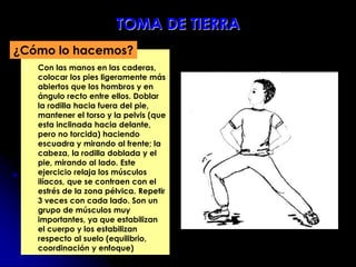  Con las manos en las caderas,
colocar los pies ligeramente más
abiertos que los hombros y en
ángulo recto entre ellos. Doblar
la rodilla hacia fuera del pie,
mantener el torso y la pelvis (que
esta inclinada hacia delante,
pero no torcida) haciendo
escuadra y mirando al frente; la
cabeza, la rodilla doblada y el
pie, mirando al lado. Este
ejercicio relaja los músculos
ilíacos, que se contraen con el
estrés de la zona pélvica. Repetir
3 veces con cada lado. Son un
grupo de músculos muy
importantes, ya que estabilizan
el cuerpo y los estabilizan
respecto al suelo (equilibrio,
coordinación y enfoque)
¿Cómo lo hacemos?
TOMA DE TIERRA
 