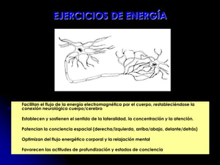 EJERCICIOS DE ENERGÍA
 Facilitan el flujo de la energía electromagnética por el cuerpo, restableciéndose la
conexión neurológica cuerpo/cerebro
 Establecen y sostienen el sentido de la lateralidad, la concentración y la atención.
 Potencian la conciencia espacial (derecha/izquierda, arriba/abajo, delante/detrás)
 Optimizan del flujo energético corporal y la relajación mental
 Favorecen las actitudes de profundización y estados de conciencia
 