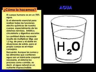  El cuerpo humano es en un 70%
agua.
 Es el elemento esencial para
realizar todas las funciones
electro-químicas de nuestro
cuerpo, especialmente de los
sistemas nervioso, linfático,
circulatorio y digestivo-escretor.
 La cantidad diaria necesaria
resulta de multiplicar 28gr. por
1,5 kg. de peso y el doble en
situaciones de estrés, pero el
propio cuerpo es el mejor
consejero.
 Recuerda: Aunque los zumos y
los alimentos que contienen
agua son un lubricante corporal
necesario, el sistema los
procesa como comida, es
decir, el agua natural es un
nutriente imprescindible.
¿Cómo lo hacemos?
AGUA
 