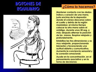  Mantener contacto con los dedos
índice y corazón de una mano,
justo encima de la depresión
donde el cráneo descansa sobre
el cuello y detrás de la región
mastoidea; al mismo tiempo
colocar la otra mano sobre el
ombligo, durante unos 30 seg. o
más; después alternar la posición
de las manos. Respirar relajada y
profundamente.
 Estabiliza las tres dimensiones y es
muy relajante, proporcionando
bienestar y favoreciendo una
actitud abierta y comunicativa.
Aumenta la conciencia sensorial y
la conexión emocional.
 Ayuda en la concentración, en el
pensamiento asociativo y en la
toma de decisiones
¿Cómo lo hacemos?
BOTONES DE
EQUILIBRIO
 