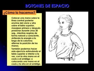  Colocar una mano sobre la
línea central posterior
encima del cócix y otra
sobre el labio superior,
masajear primero y después
presionar durante unos 30
seg., mientras respiras de
forma natural y consciente,
sintiendo la energía a lo
largo de la columna;
alternar la posición de las
manos.
 También podemos hacer
este ejercicio estimulando el
labio superior e inferior a la
vez, con la otra mano en el
coxis o el ombligo; o
colocando una mano en el
coxis y la otra en el ombligo.
¿Cómo lo hacemos?
BOTONES DE ESPACIO
 