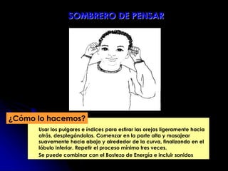  Usar los pulgares e índices para estirar las orejas ligeramente hacia
atrás, desplegándolas. Comenzar en la parte alta y masajear
suavemente hacia abajo y alrededor de la curva, finalizando en el
lóbulo inferior. Repetir el proceso mínimo tres veces.
 Se puede combinar con el Bostezo de Energía e incluir sonidos
¿Cómo lo hacemos?
SOMBRERO DE PENSAR
 