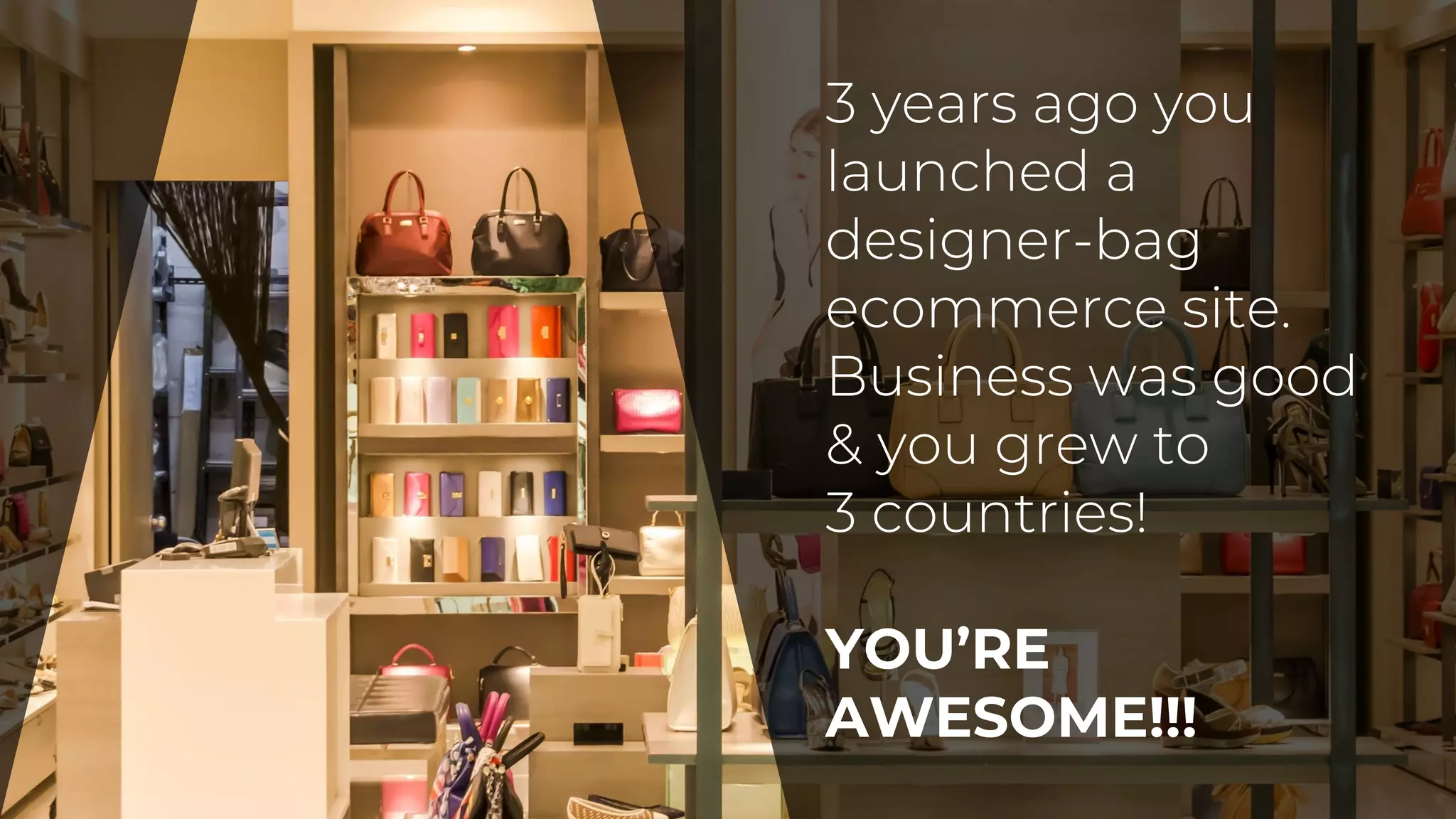 3 years ago you
launched a
designer-bag
ecommerce site.
Business was good
& you grew to
3 countries!
YOU’RE
AWESOME!!!
 