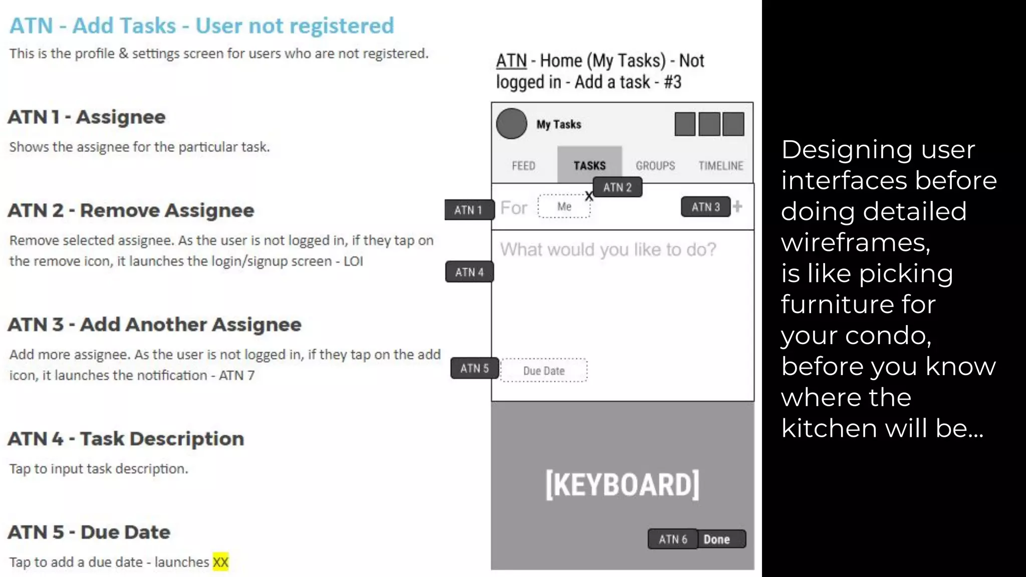 Designing user
interfaces before
doing detailed
wireframes,
is like picking
furniture for
your condo,
before you know
where the
kitchen will be...
 