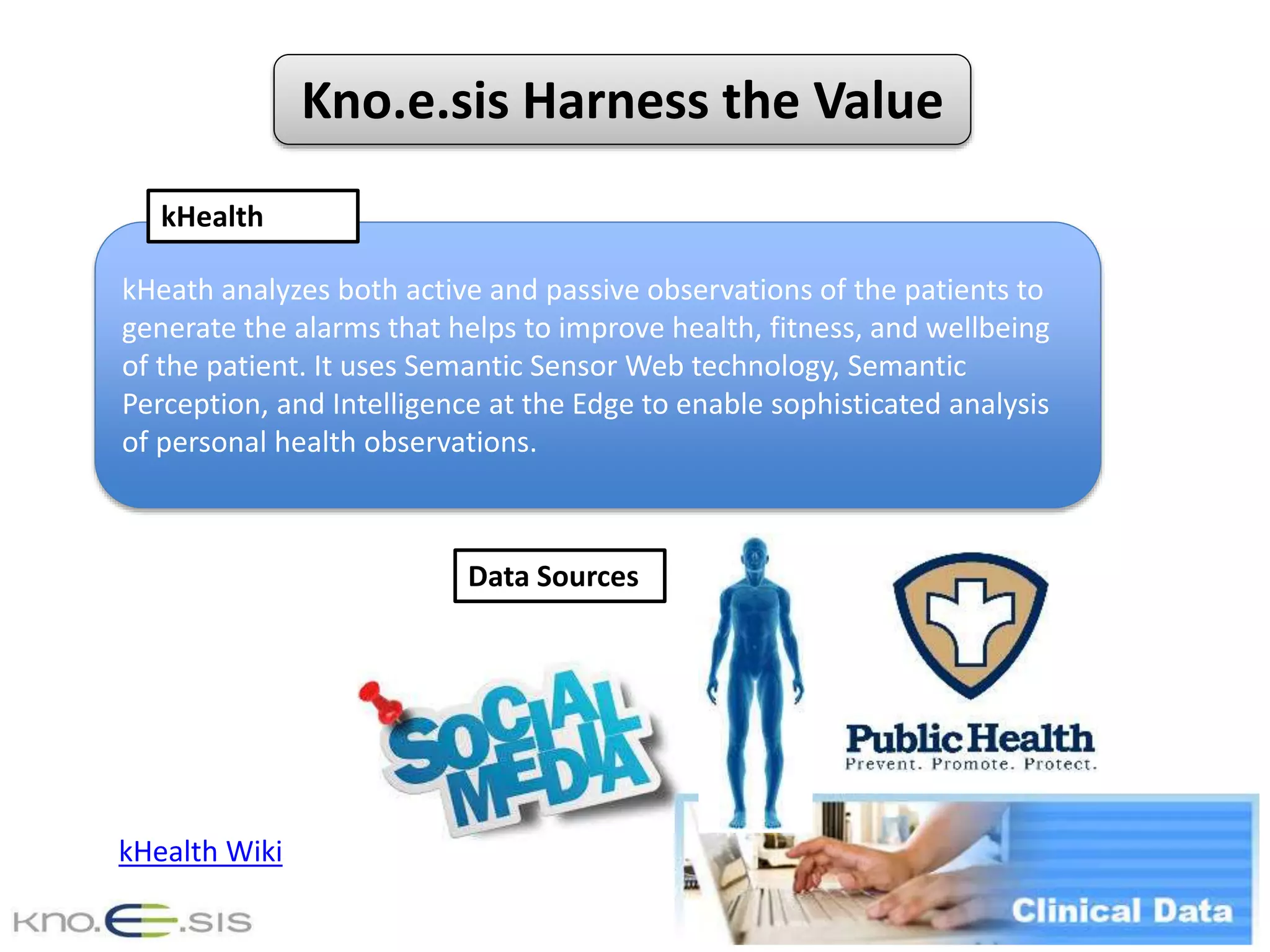 Kno.e.sis Harness the Value
kHeath analyzes both active and passive observations of the patients to
generate the alarms that helps to improve health, fitness, and wellbeing
of the patient. It uses Semantic Sensor Web technology, Semantic
Perception, and Intelligence at the Edge to enable sophisticated analysis
of personal health observations.
kHealth
Data Sources
kHealth Wiki
 