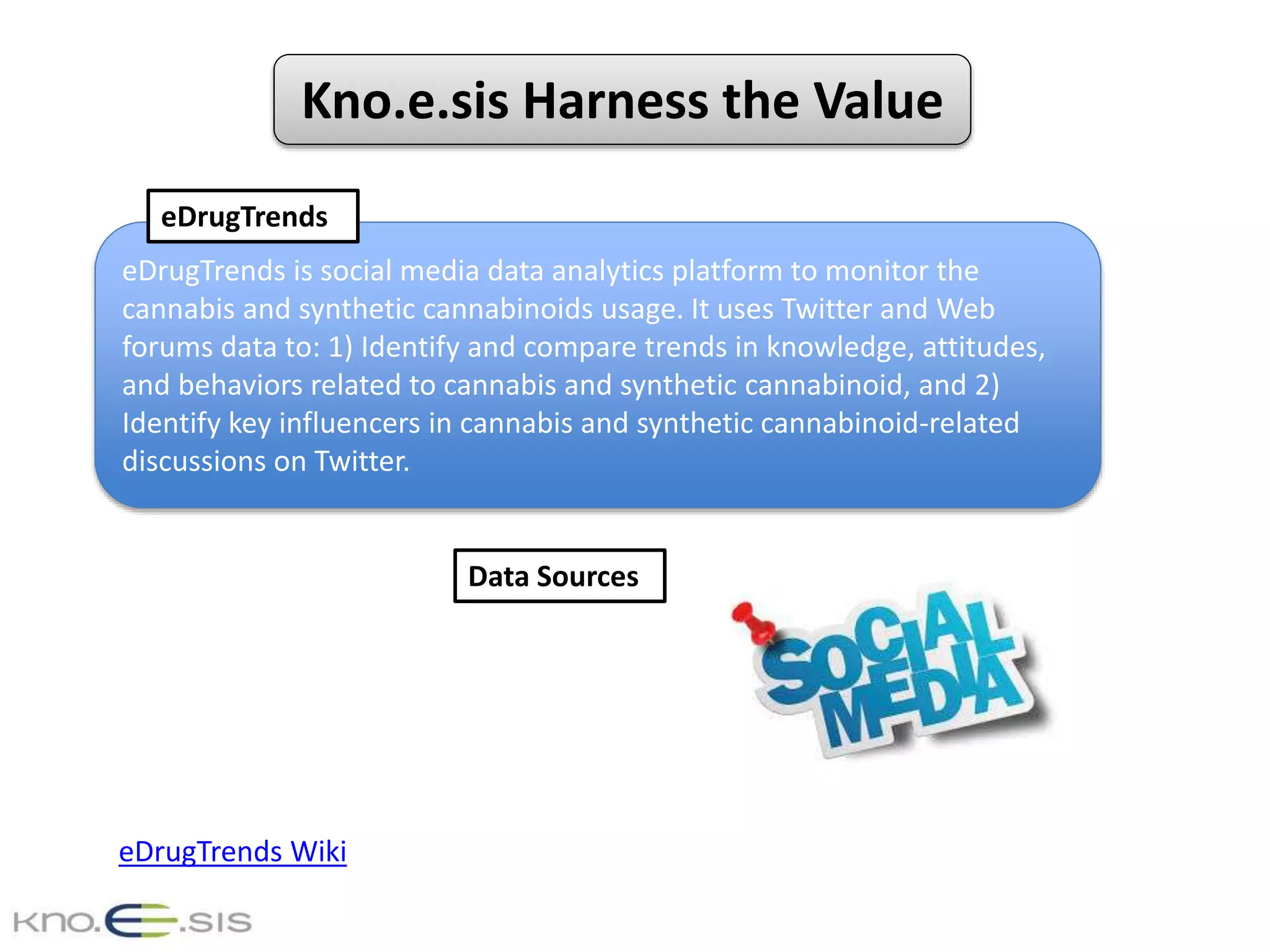 Kno.e.sis Harness the Value
eDrugTrends is social media data analytics platform to monitor the
cannabis and synthetic cannabinoids usage. It uses Twitter and Web
forums data to: 1) Identify and compare trends in knowledge, attitudes,
and behaviors related to cannabis and synthetic cannabinoid, and 2)
Identify key influencers in cannabis and synthetic cannabinoid-related
discussions on Twitter.
eDrugTrends
Data Sources
eDrugTrends Wiki
 