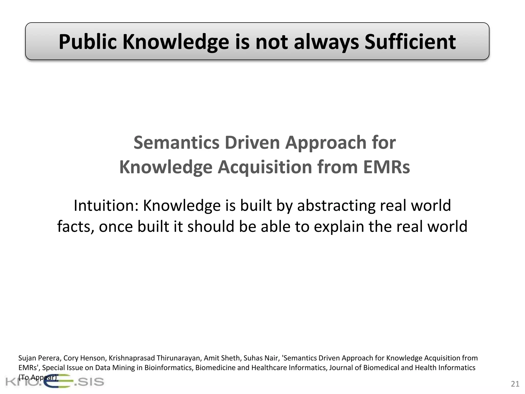 21
Sujan Perera, Cory Henson, Krishnaprasad Thirunarayan, Amit Sheth, Suhas Nair, 'Semantics Driven Approach for Knowledge Acquisition from
EMRs', Special Issue on Data Mining in Bioinformatics, Biomedicine and Healthcare Informatics, Journal of Biomedical and Health Informatics
(To Appear)
Intuition: Knowledge is built by abstracting real world
facts, once built it should be able to explain the real world
Public Knowledge is not always Sufficient
Semantics Driven Approach for
Knowledge Acquisition from EMRs
 