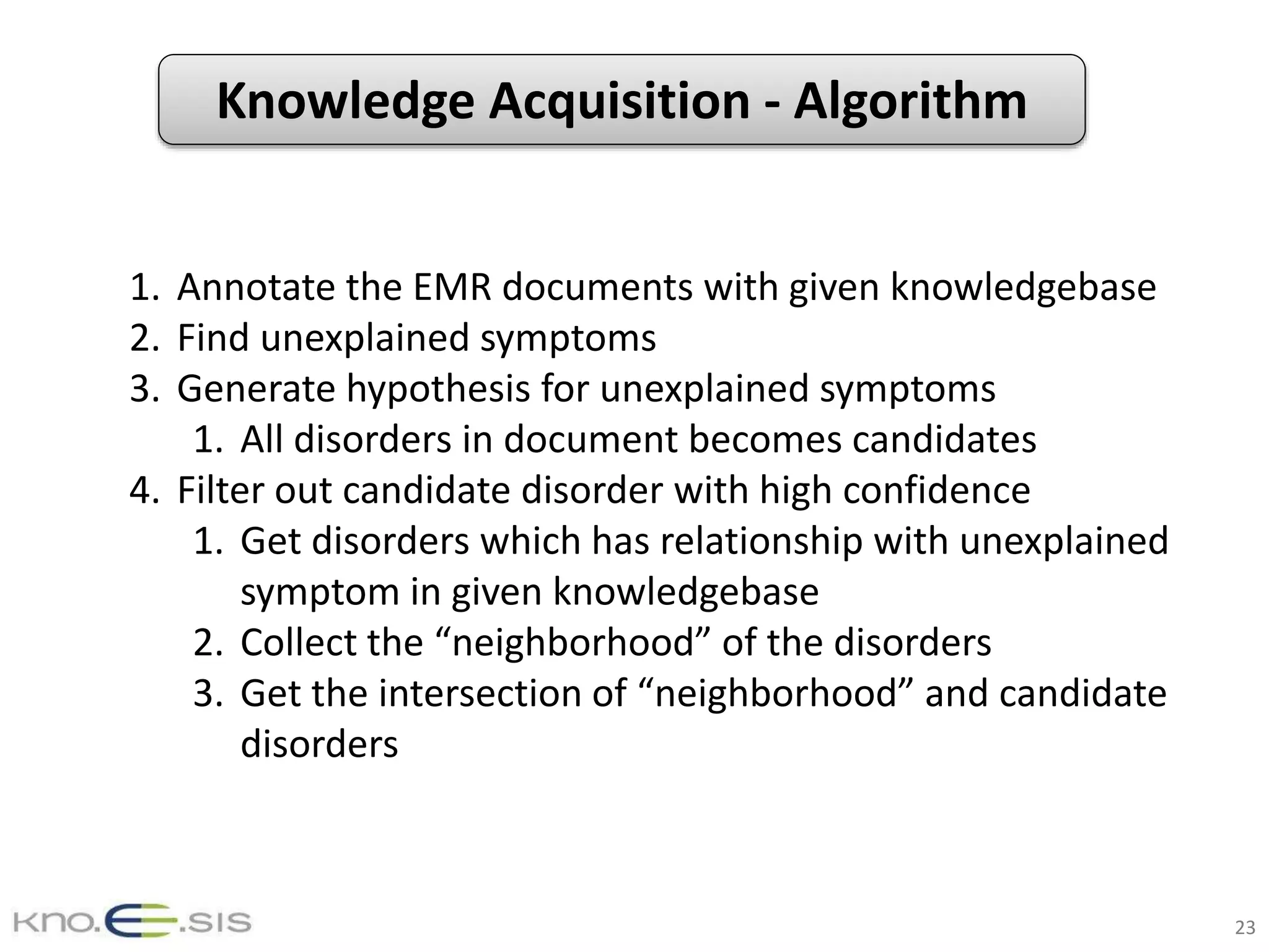 23
1. Annotate the EMR documents with given knowledgebase
2. Find unexplained symptoms
3. Generate hypothesis for unexplained symptoms
1. All disorders in document becomes candidates
4. Filter out candidate disorder with high confidence
1. Get disorders which has relationship with unexplained
symptom in given knowledgebase
2. Collect the “neighborhood” of the disorders
3. Get the intersection of “neighborhood” and candidate
disorders
Knowledge Acquisition - Algorithm
 