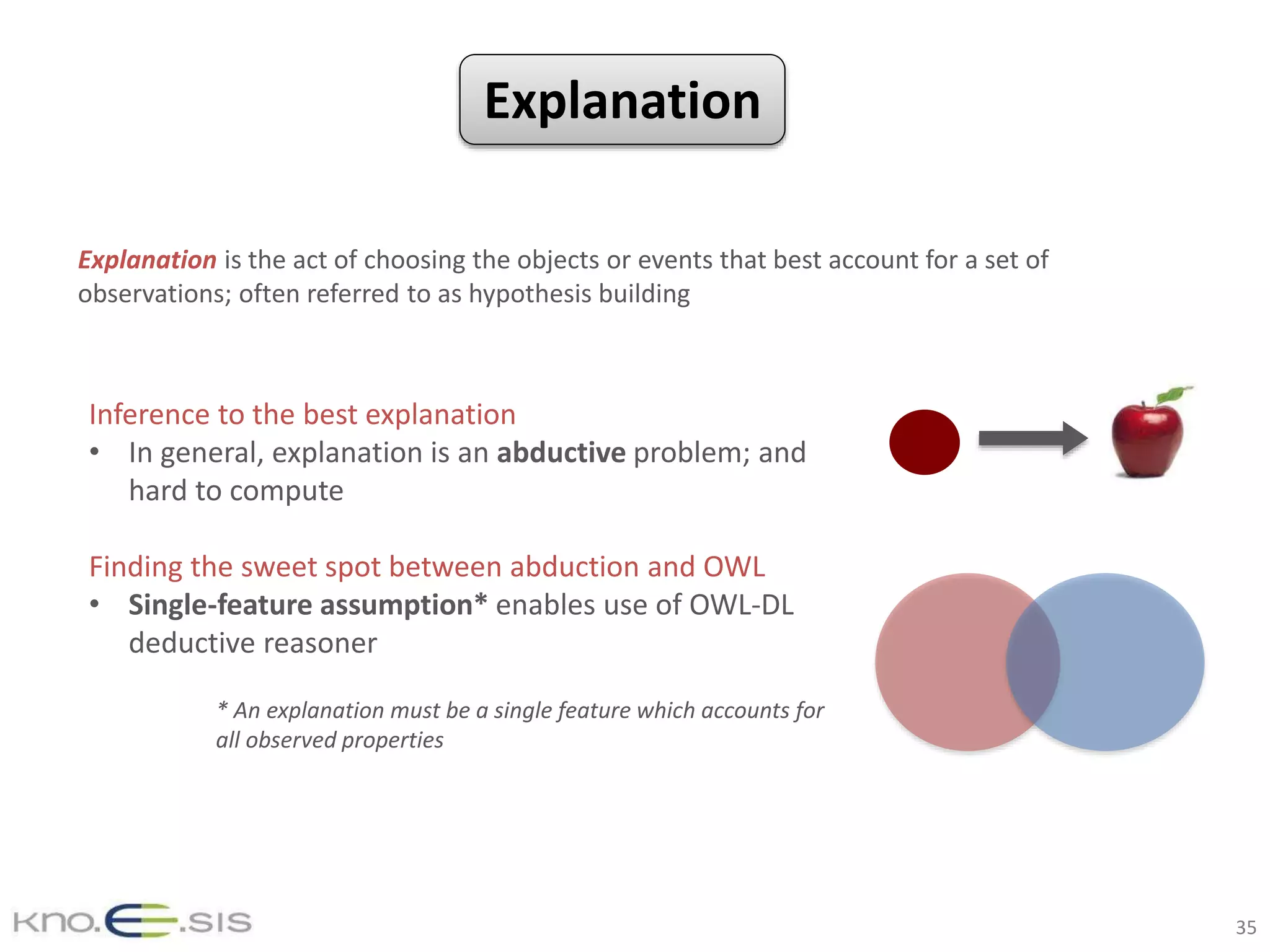 Inference to the best explanation
• In general, explanation is an abductive problem; and
hard to compute
Finding the sweet spot between abduction and OWL
• Single-feature assumption* enables use of OWL-DL
deductive reasoner
* An explanation must be a single feature which accounts for
all observed properties
Explanation is the act of choosing the objects or events that best account for a set of
observations; often referred to as hypothesis building
35
Explanation
 