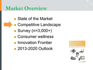 Market Overview
 State of the Market
 Competitive Landscape
 Survey (n=3,000+)
 Consumer wellness
 Innovation Frontier
 2013-2020 Outlook
 