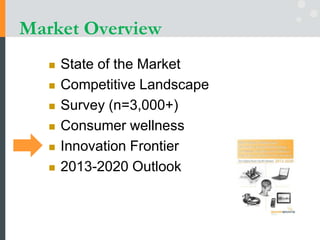 Market Overview
 State of the Market
 Competitive Landscape
 Survey (n=3,000+)
 Consumer wellness
 Innovation Frontier
 2013-2020 Outlook
 