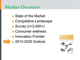 Market Overview
 State of the Market
 Competitive Landscape
 Survey (n=3,000+)
 Consumer wellness
 Innovation Frontier
 2013-2020 Outlook
 