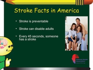 Stroke is preventable Stroke can disable adults Every 45 seconds, someone has a stroke Stroke Facts in America 