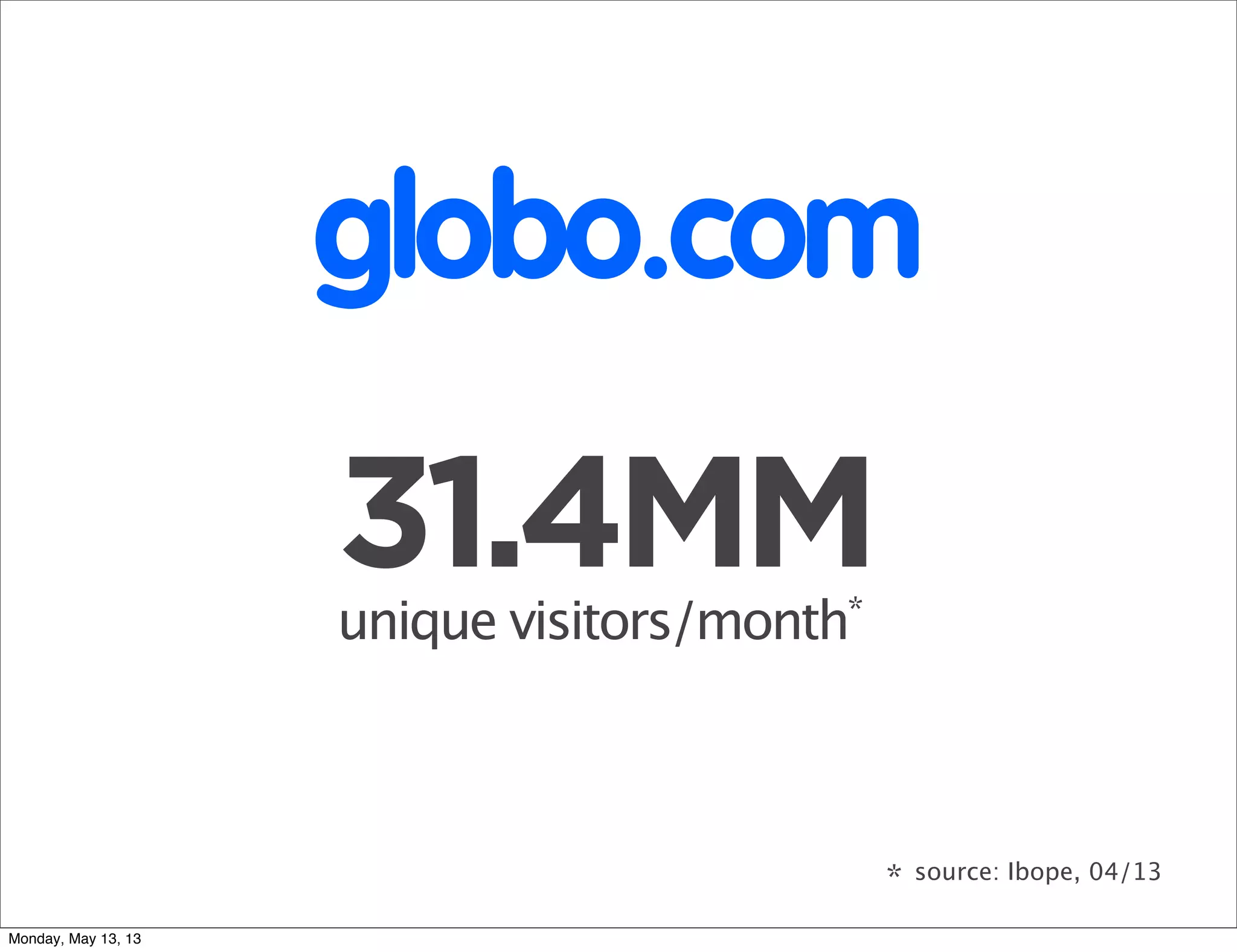 31.4MMunique visitors/month*
* source: Ibope, 04/13
globo.com
Monday, May 13, 13
 