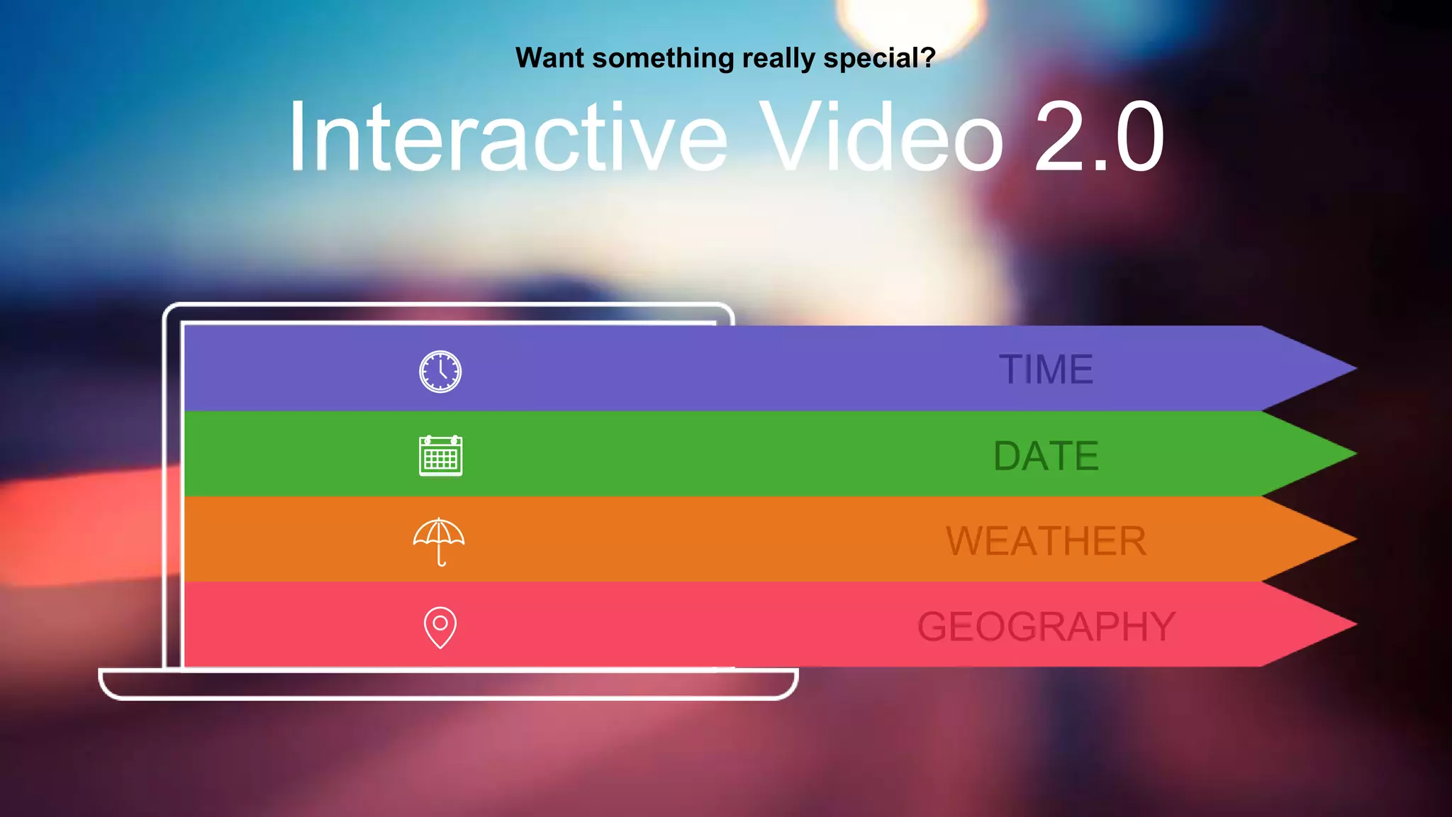 Interactive Video 2.0
TIME
DATE
WEATHER
GEOGRAPHY
Want something really special?
 