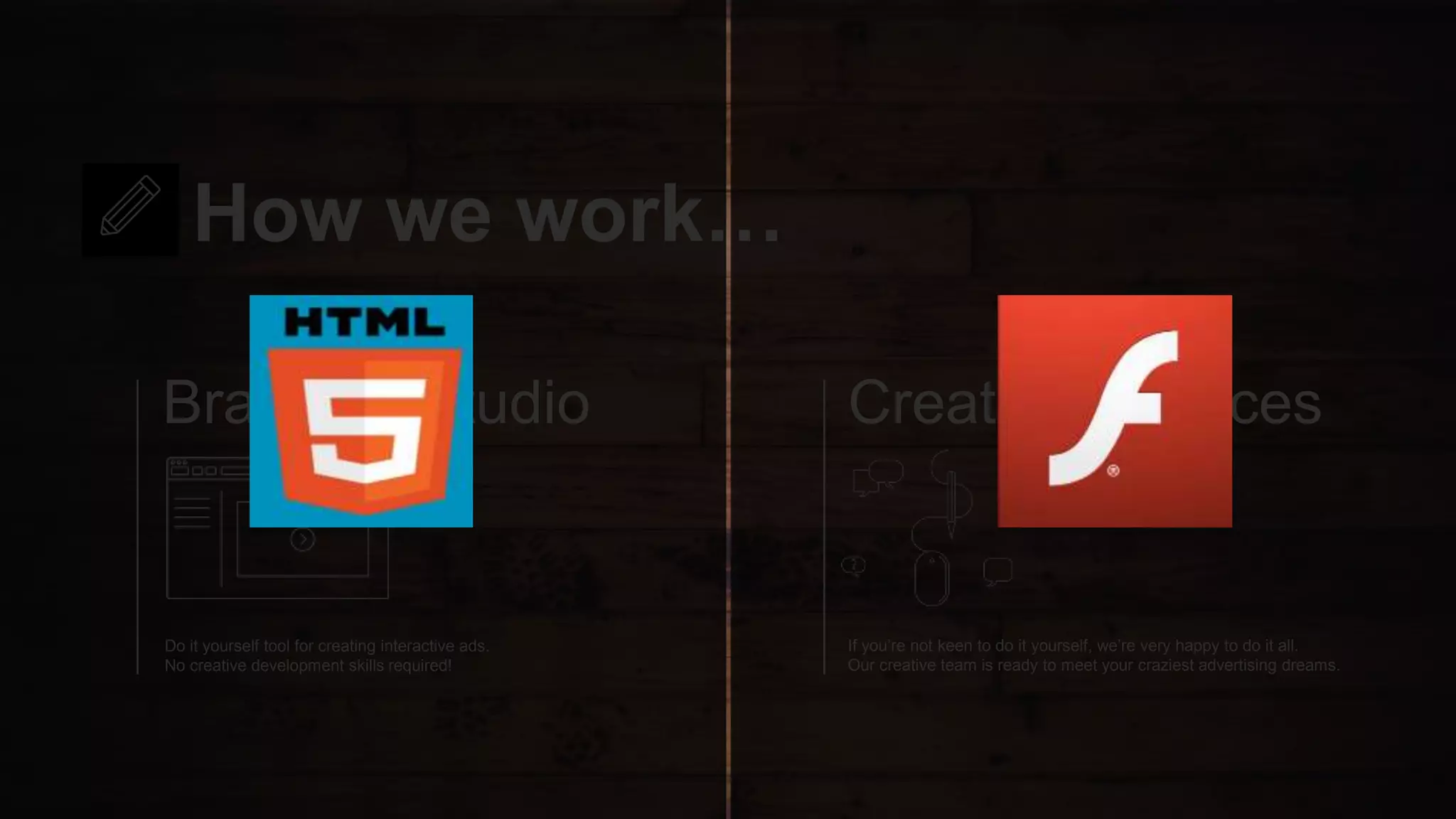 How we work…
Do it yourself tool for creating interactive ads.
No creative development skills required!
If you’re not keen to do it yourself, we’re very happy to do it all.
Our creative team is ready to meet your craziest advertising dreams.
Brainient Studio Creative Services
 